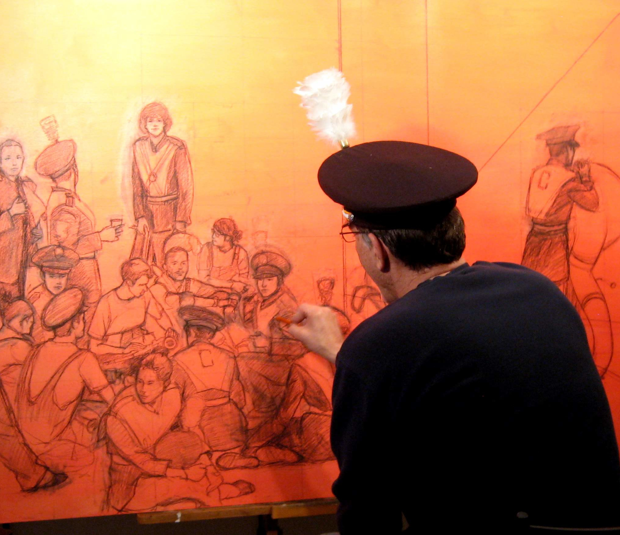 Hans working on his Cal Band oil painting.