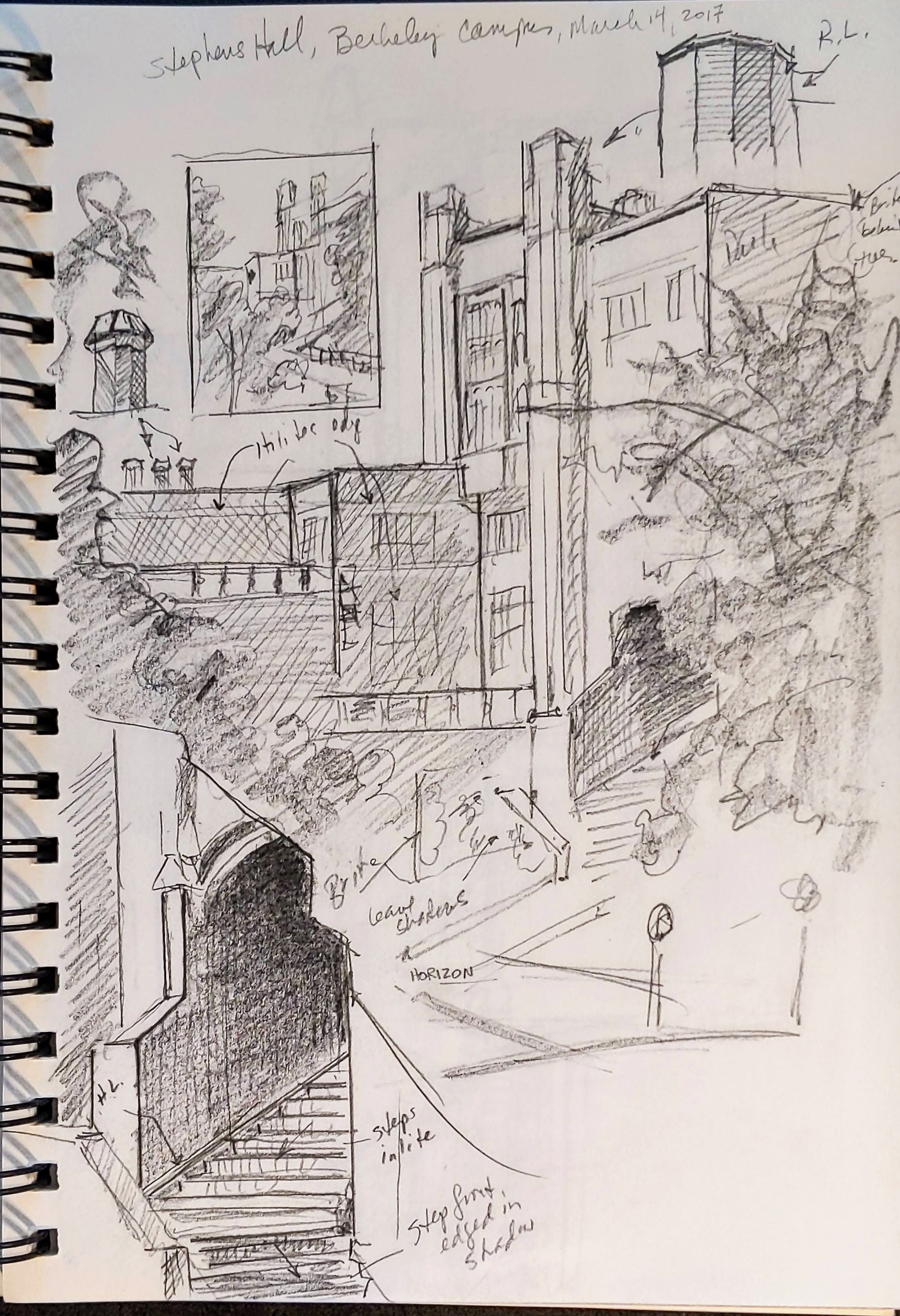 Detailed study of the south side of Stephens Hall, with sunlight notes, for gouache painting, University of California, Berkeley