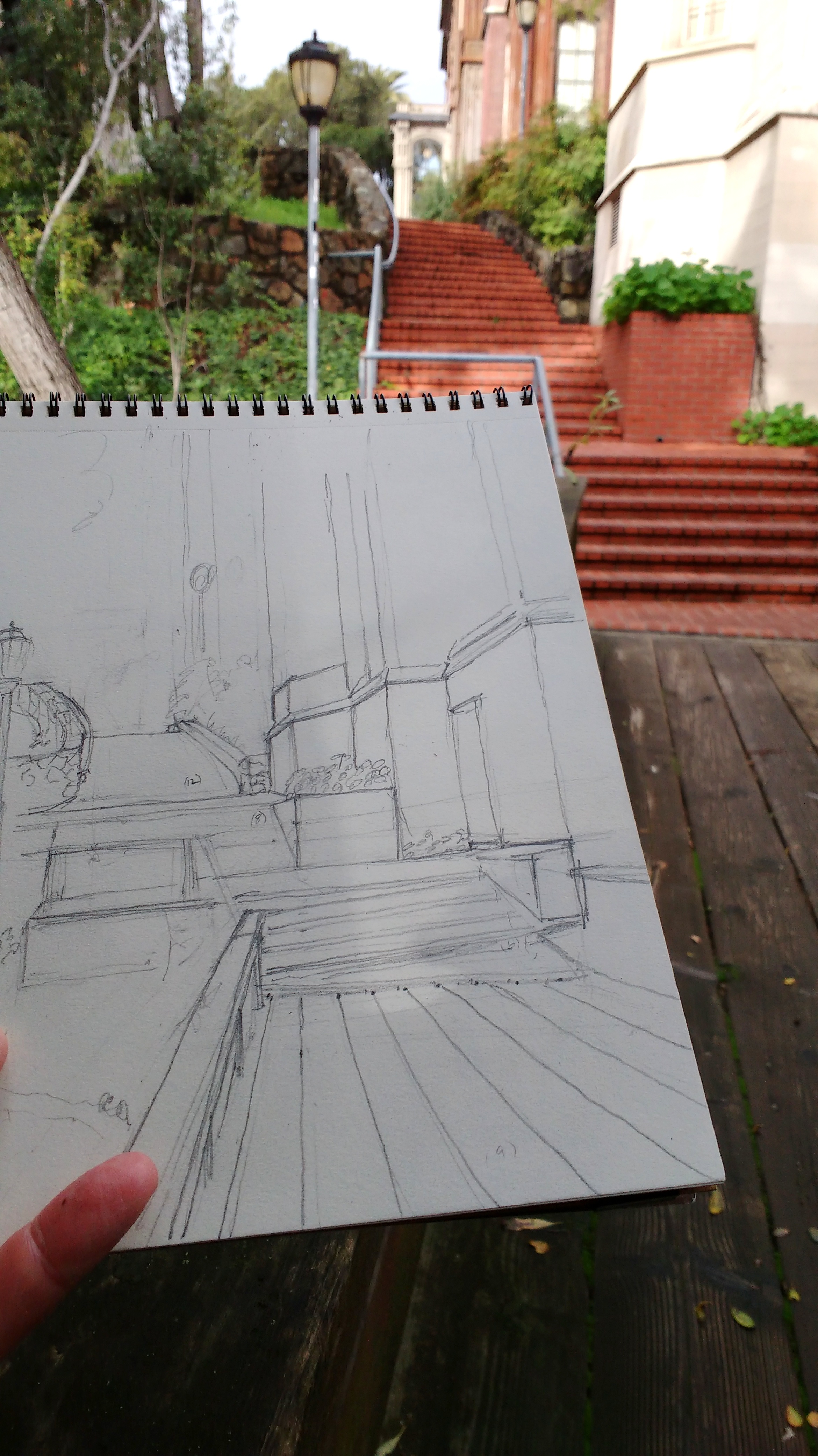 Steps Next to Moses Hall. Beginning the drawing on campus...