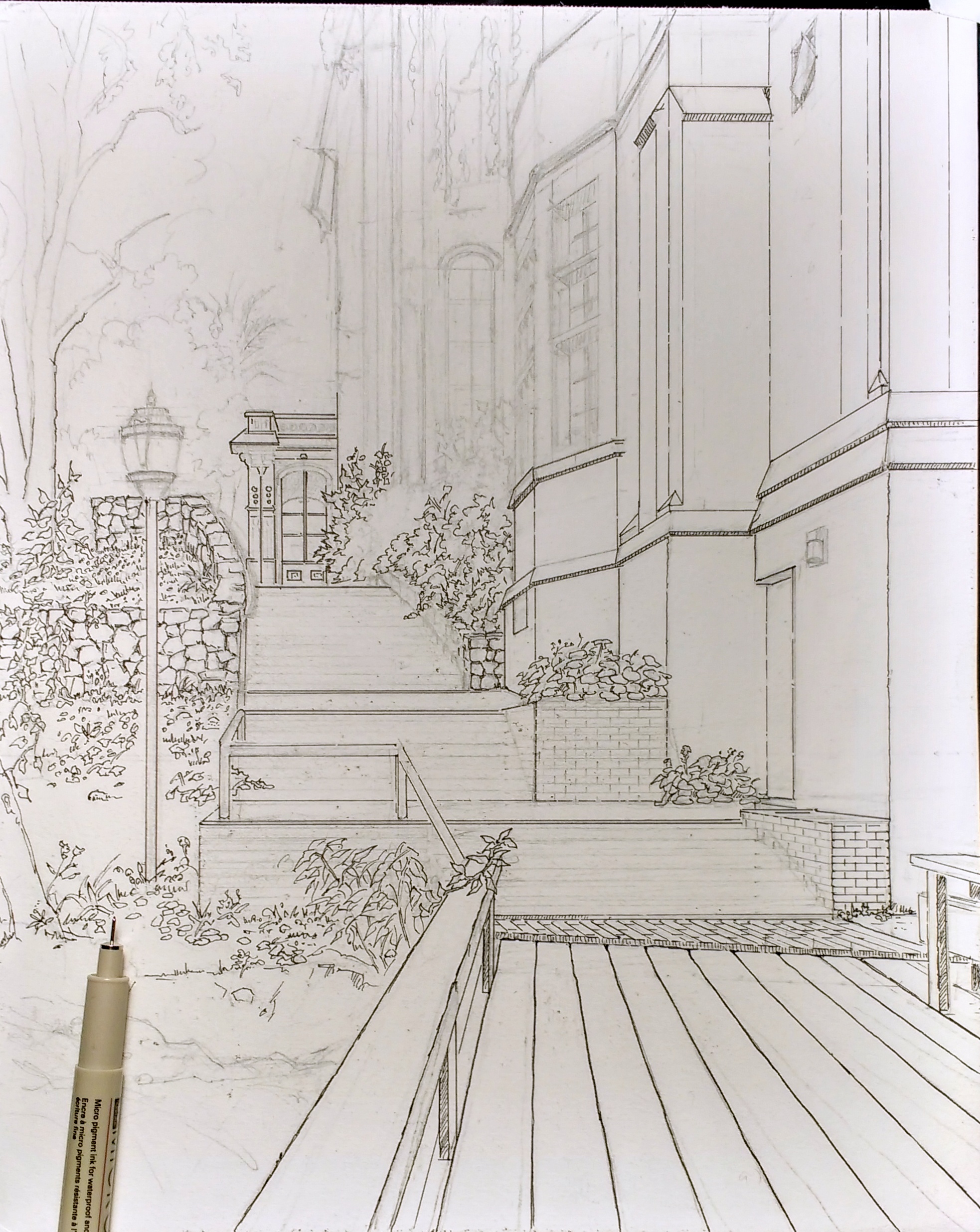Steps Next to Moses Hall. Beginning to apply ink...
