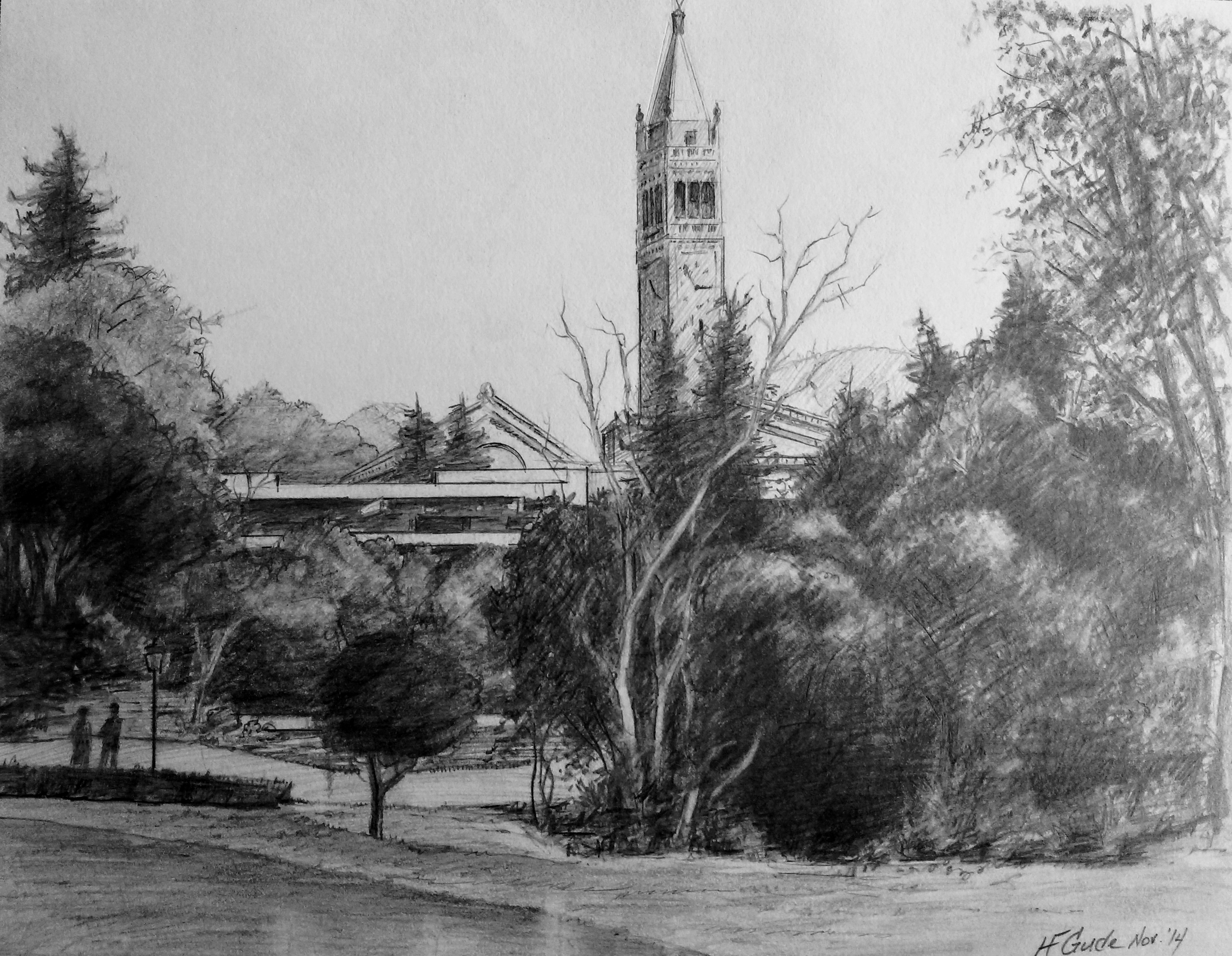 View of Sather Tower from Strawberry Creek, Pencil Drawing