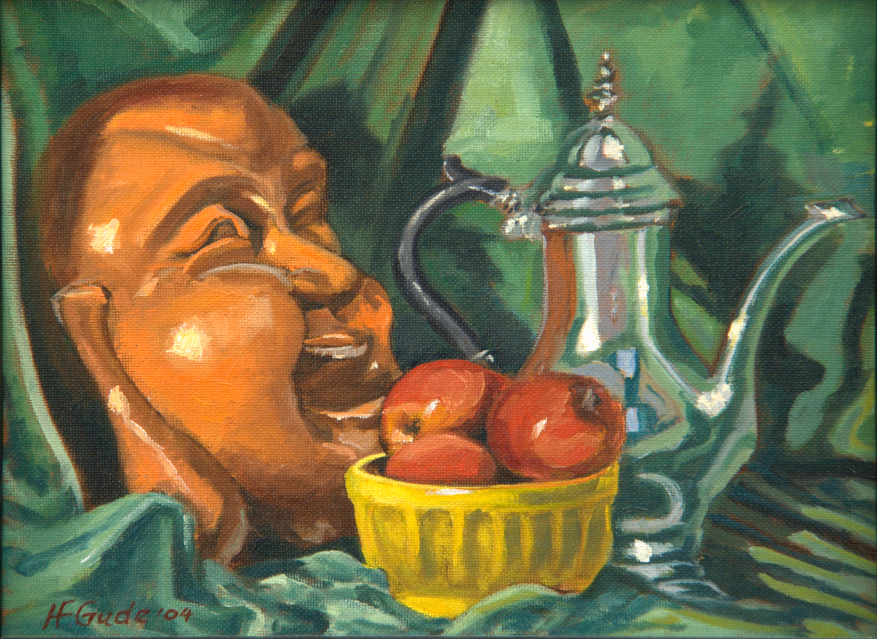 Still Life with Laughing Buddha and Silver Teapot