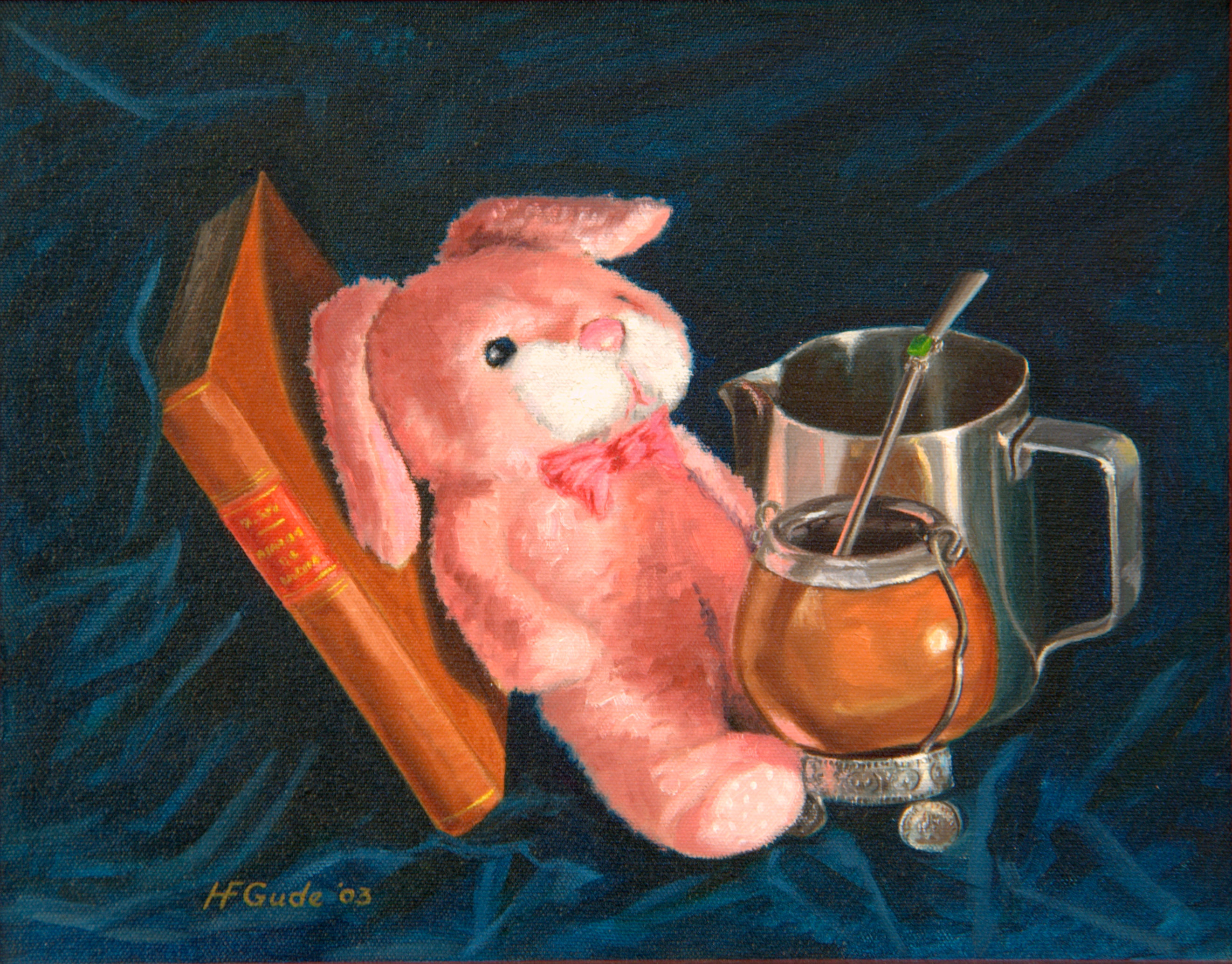 Still Life with Pink Bunny and Silver Teapot
