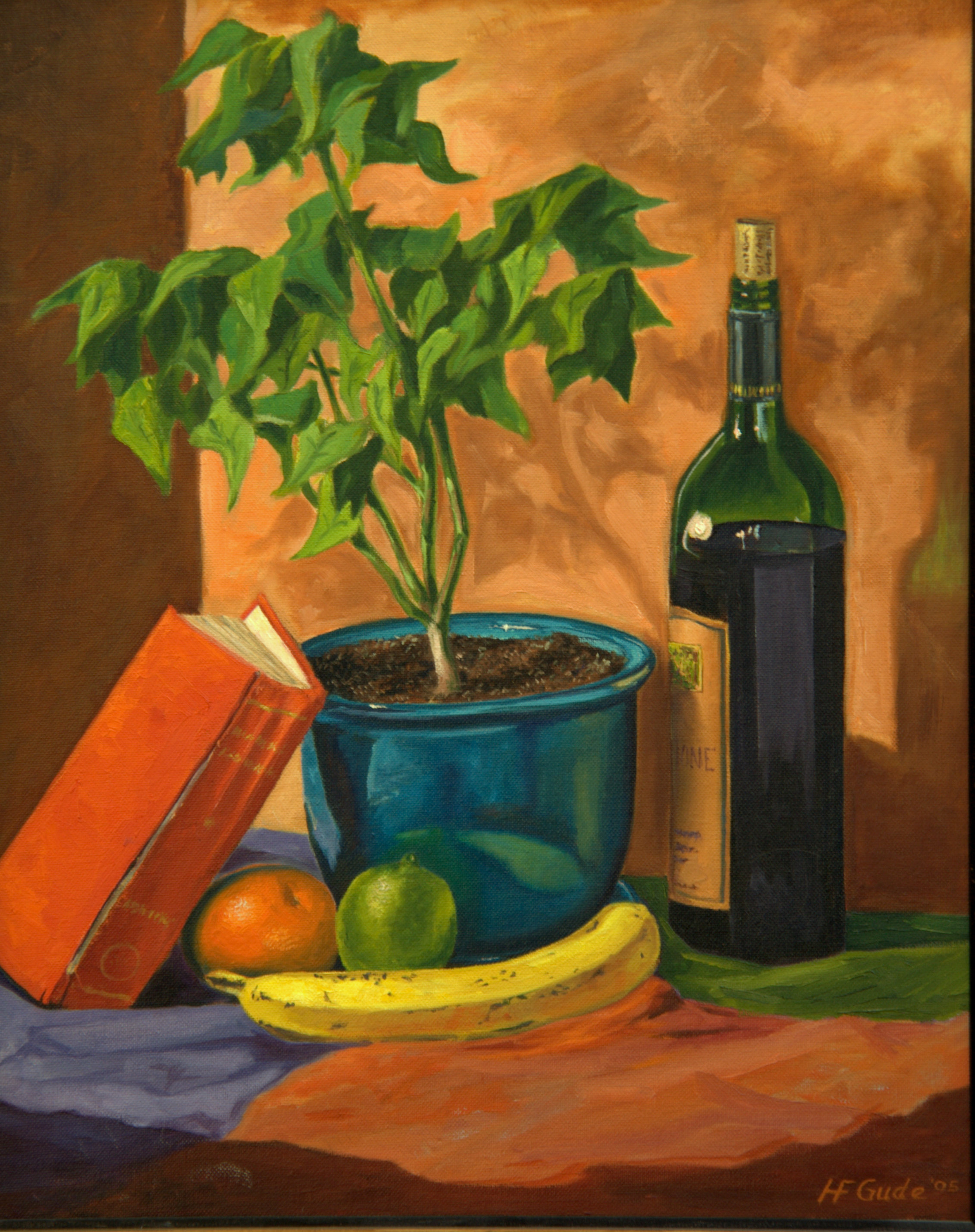 Still Life with Potted Plant and Wine Bottle