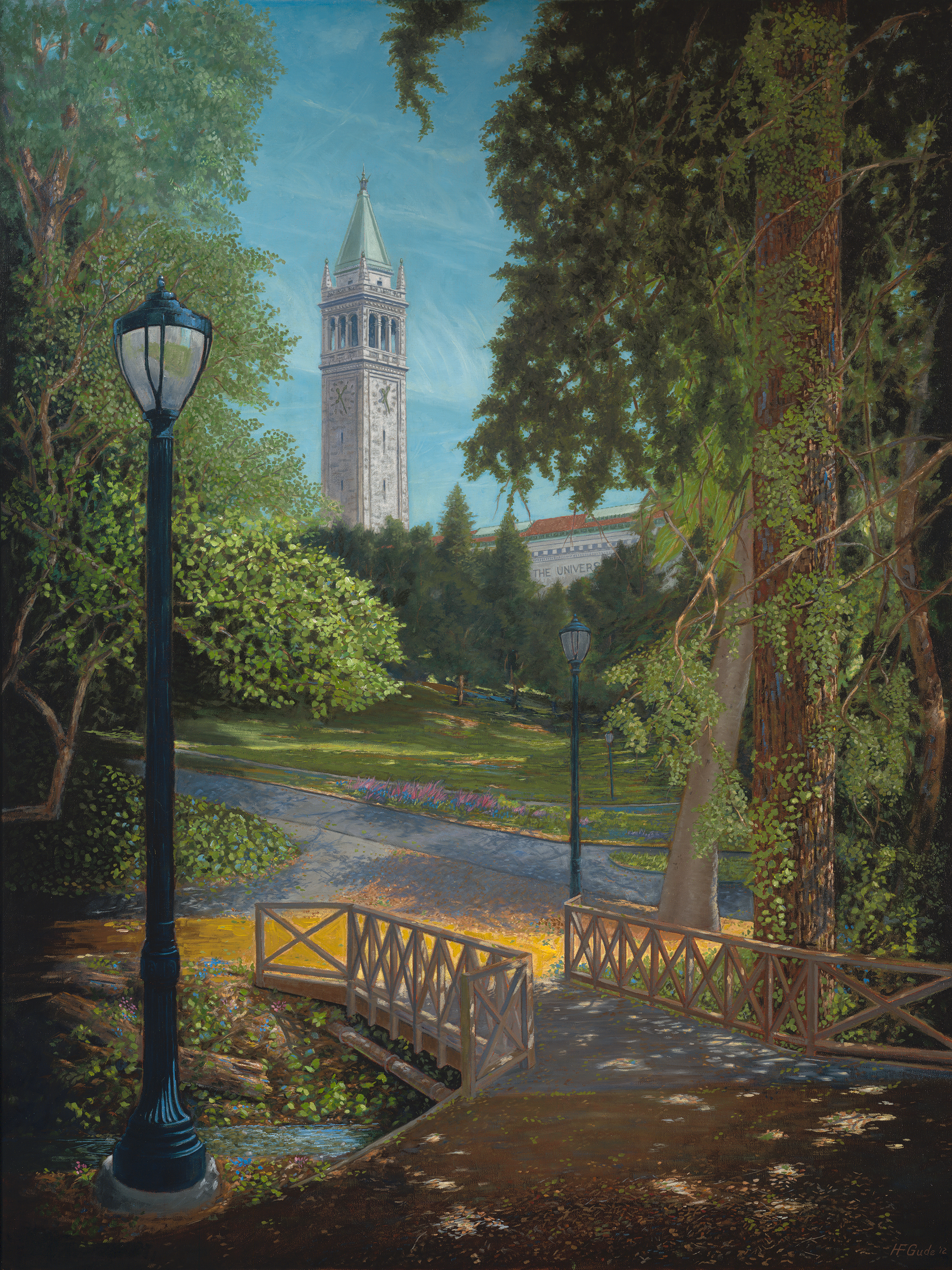 View of Sather Tower from Strawberry Creek, Oil Painting